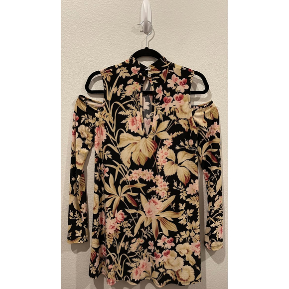 SHOW ME YOUR MUMU Cold Shoulder Black Beige Floral Mini Dress - Picture 4 of 5